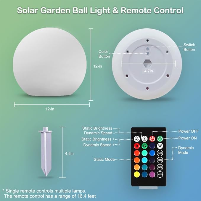 12 inch Solar Globe Light Outdoor Waterproof, Solar Ball for Garden | IP65 Waterproof 16 RGB Color Ball Light Outdoor w/Ground Stake, Solar Orbs for Outside w/Remote, for Patio Yard Lawn Backyard