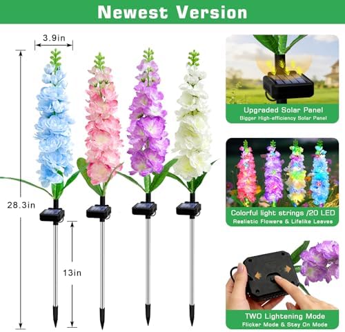 Solar Garden Lights Outdoor 4 Pack, Waterproof Solar Flower Stake Lights 80 LED Delphinium Flowers, 2 Modes, Outdoor Decor for Yard, Patio, Lawn, Flower Beds, Gifts for Mom Women - Image 7