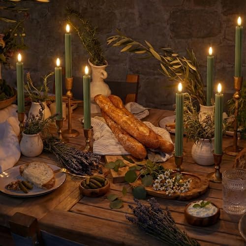 12 Pack, 10" LED Flameless Real Wax Sage Olive Loden Green Fluted Ribbed Grooved Taper Candles, Remote & 24h Timer Memory, On/Off Button, Dimmable, Flicker Mode, Battery Operated, Wedding - Image 7