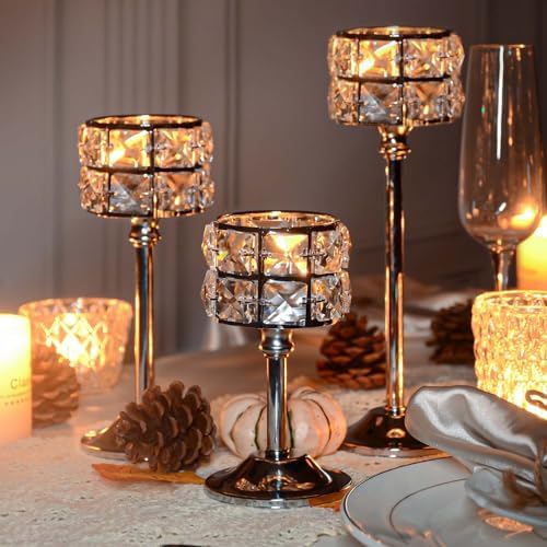 Crystal Metal Candle Holder, Square Crystal Beads Bling Tea Light Candlestick, Tall Votive Candelabra Elegant Centerpiece for Table Wedding Decoration, Home Decor (Gold, Set of 3) - Image 7