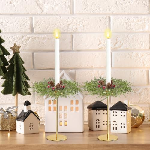 12 PCS Christmas Pine Taper Candle Rings Wreaths 1.38" Mini Snowy Pine Taper Candle Holder Wreaths Candle Rings with Berry Pinecones for Xmas Winter Church Home Table Centerpiece Candlesticks Decor - Image 7