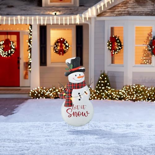Glitzhome Lighted Metal Christmas Snowman Yard Stake with Colorful Strawberry Bulbs, 36" H Let it Snow Outdoor Decor, Iron Snowman Sign for Holiday Lawn & Garden - Image 7