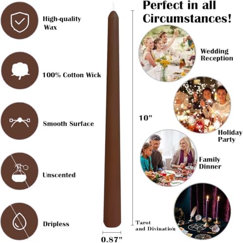 12-Pack Brown Taper Candles, 10 Inch Unscented Dripless Candlesticks, Long-Lasting Burn Time of 7-8 Hours, Perfect for Home Décor Dinner Party Meditation - Image 7
