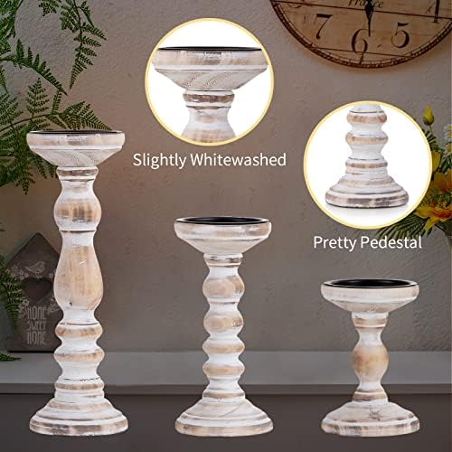 Romadedi Rustic Whitewashed Solid Wood Pillar Candle Holders, Set of 3 - Image 6