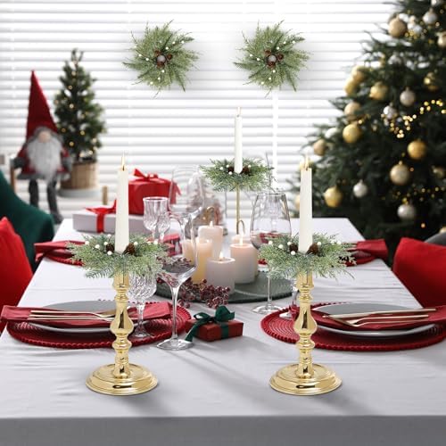 2 PCS Christmas Pine Taper Candle Rings Wreaths 1.38" Mini Norfolk Cedar Taper Candle Holder Wreaths Candle Rings with Berry Pinecones for Xmas Winter Church Home Table Centerpiece Candlesticks Decor - Image 7