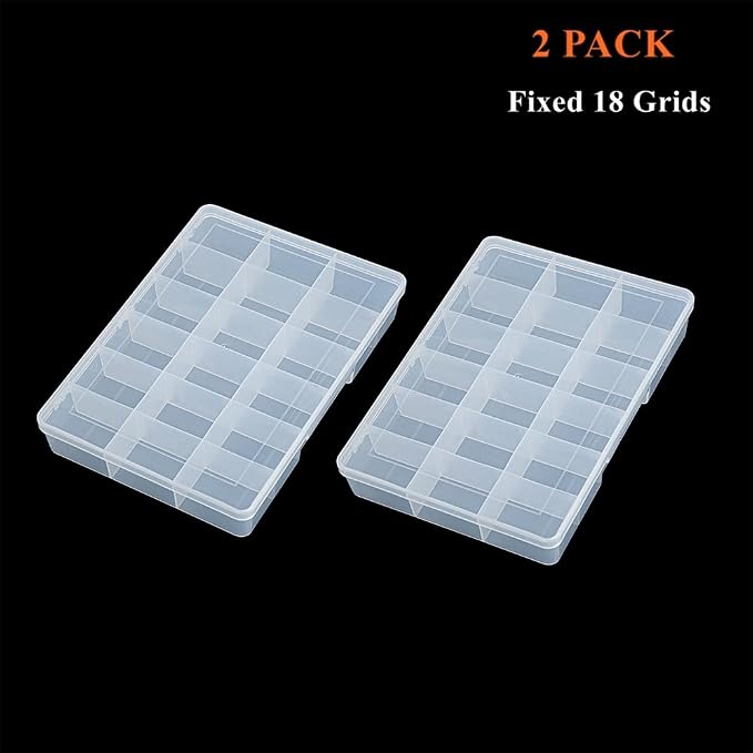 2 Pack Fixed 18 Grids Clear Plastic Compartment Container Case, Transparent Organizer Storage Divider Box with Lid for Bead, Button, Hardware, Screw, Sewing Kit, Craft Supplies