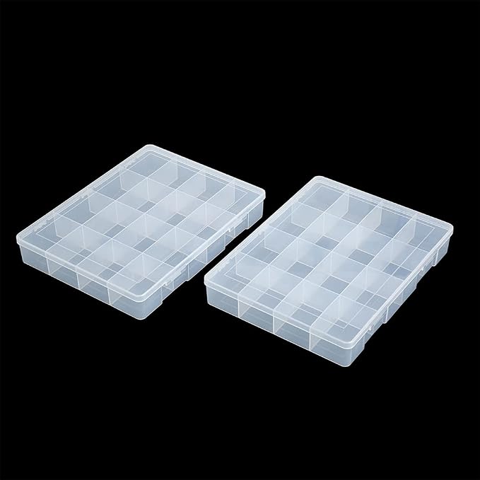 2 Pack Fixed 16 Grids Clear Plastic Large Compartment Container Case, Transparent Organizer Storage Divider Box with Lid for Bead, Button, Hardware, Screw, Sewing Kit, Craft Supplies