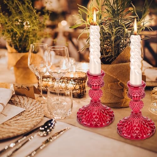 Glass Candle Holder, 2PCS Decorative Candle Sticks Pillar Candle Stand for Formal Events Wedding Party Table Centerpieces Home Decoration, Red - Image 6