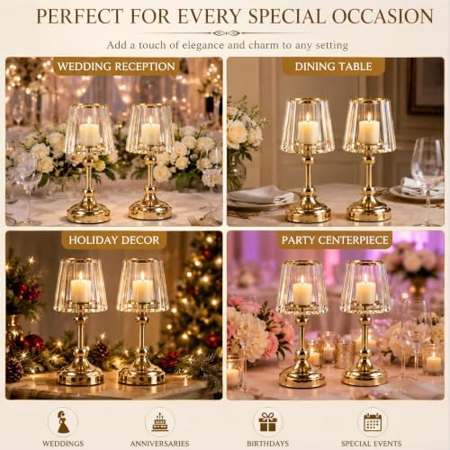 2 Pcs Crystal Candle Holders 11" Gold Hurricane Centerpieces for Wedding - Image 6