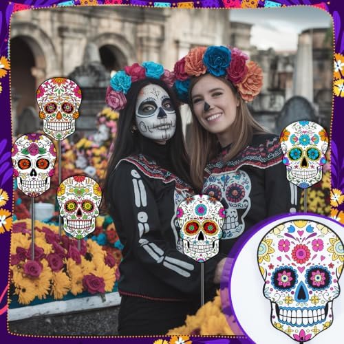 6 Pcs 12 Inch Day of The Dead Sugar Skull Halloween Garden Stakes - Image 6