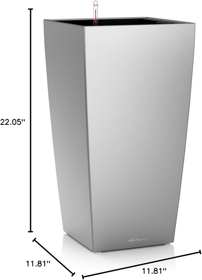 Lechuza CUBICO 30 Silver Metallic, Self-Watering Tall Planter, H22 L11.8 W11.8 in