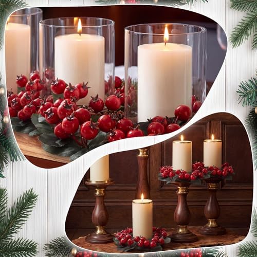 Daifunli 2 Pcs Christmas Red Berry with Leaf Candle Ring Artificial Berry Bell Wreaths for Pillar 2.25 Inch Candles Holder for Winter Christmas Country Wedding Kitchen Table Centerpiece Decor - Image 6