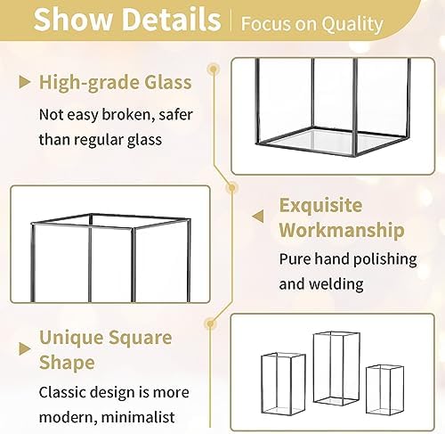 Nuptio Glass Hurricane Candle Holder for Pillar Candles 3 Pcs Black Metal Candle Holders Large Rectangular Candleholder Vase Centerpieces Decoration for Halloween Christmas Party 9.5 & 8.1 & 6.5 inch - Image 6
