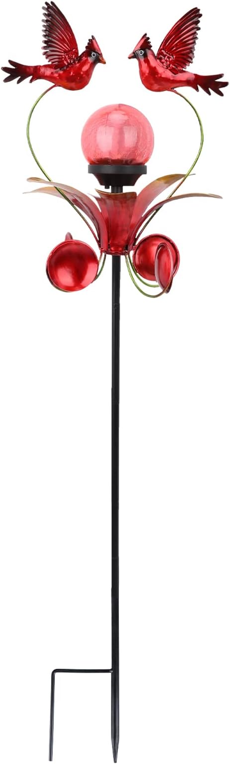 Decorative Solar Outdoor Light, Cardinal Glass Globe Stake For Lawn Yard | Solar Cardinal Lights With Wind Spinner Design, Crackle Glass Globe, Auto On/Off For Garden, Lawn, Yard