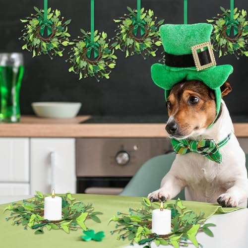 6 Pcs St.Patrick's Day Shamrocks Candle Wreath Artificial Clover Rings Wreath Lucky Irish Kitchen Cabinet Wreaths Pillars Candle Wreaths for Front Door Porch Wall Window Decoration - Image 7