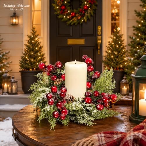 4 Pcs 9inch Christmas Candle Rings Wreath Mini Christmas Table Centerpieces Red Berry Pinecones Wreaths for Kitchen Cabinet for Farmhouse Xmas Front Door Porch Wall Decoration - Image 6
