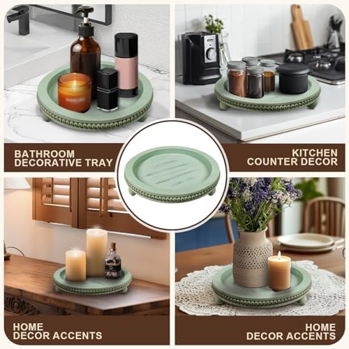 Candle Plate Hold Tray, Sage Round Trays, Wooden Decorative Tray for Coffee Table Decor, Beaded Edge Wood Tray Riser for Living Room Table, Mug Display Decorative, Table Centerpiece, Rustic Green - Image 6