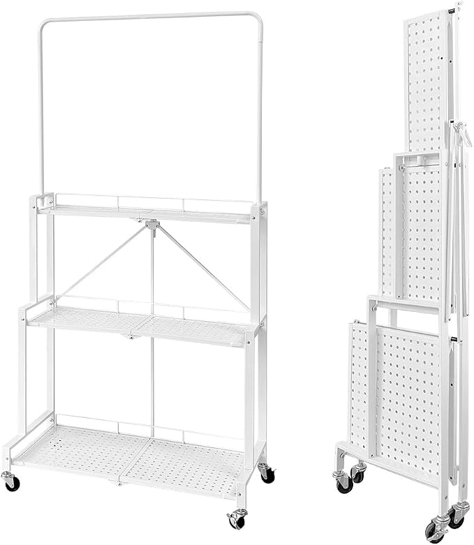 lumizone Foldable 4-Tier Plant Stand With Wheels Indoor Outdoor White | Hanging Plant Shelf No Assembly Required Pot Placement Area Sturdy Fall Prevention Storage Shelf Flower Pot Stand
