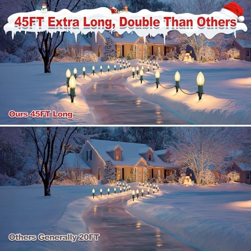 45Ft C9 30 Led Bulbs Christmas Pathway Lights Outdoor, Warm White Waterproof Connectable Christmas Walkway Lights for Driveway, Yard, Lawn, Sidewalk Decorations - Image 7