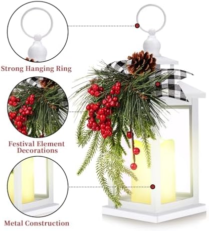 Metal Christmas Vintage Candle Lanterns with Remote Control and Led Light, Plaid Ribbon Decorative Hanging Lantern for Indoor Outdoor Porch Decorations Party Gift, White, WOKEISE - Image 6