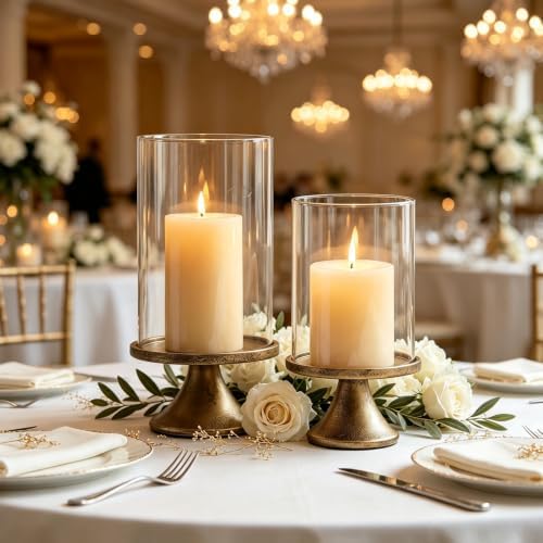 Hurricane Glass Candle Holders Set of 2, with Glass Dome and Iron Base, Vintage Decorative Pillar Candle Holder for Mantel, Living Room, Dining Room Centerpiece, Home Decor - Image 7