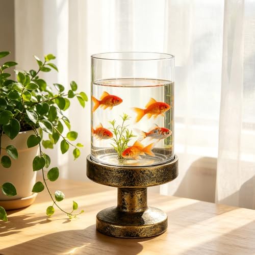 6" Wide Glass Hurricane Candle Holders and Glass Vase with Metal Base in Antique Gold, Handmade and Sturdy Glass, Pillars, Flower Arrangement, Centerpiece, Dining Table, Console Table, Mantel - Image 5
