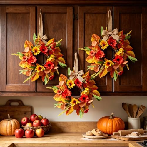 6 PCS Fall Candle Ring Wreaths Artificial Fall Daisy Sunflower Autumn Floar Candle Holder Rings with Maple Leaves Eucalyptus Mini Thanksgiving Wreath for Cabinets Farmhouse Table Centerpiece Decor - Image 7