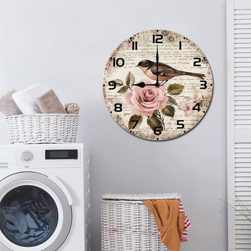 Love Birds Roses Flowers Wooden Silent Non-Ticking 10 Inch Round Clocks Battery Operated Analog for Living Room Kitchen Bedroom Bathroom Office Home School Decor