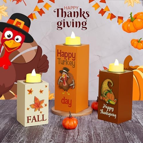 BlcTec Thanksgiving Decorations for Home 3 PCS Wood Candle Holders with LED Tea Lights & 3D Carving Craft, Rustic Candle Centerpieces for Home, Table, Office, Tiered Tray Fall Decor Thanksgiving Decor - Image 7