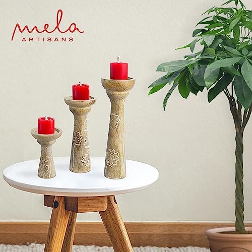 Mela Artisans Lotus Vine Mango Wood Candle Holders - Whitewash, Set of 3 - Image 7