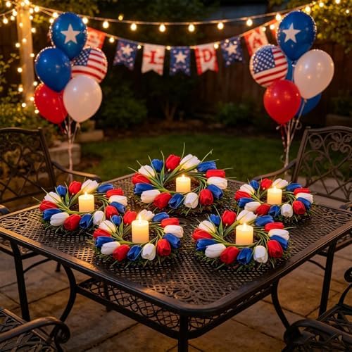 4 PCS 4th of July Candle Rings Wreaths Patriotic Tulip Silk Memorial Day American Flag Floral Candle Rings Holder with Red White and Blue Flower for Independence Day Labor Day Table Centerpiece Decor - Image 6