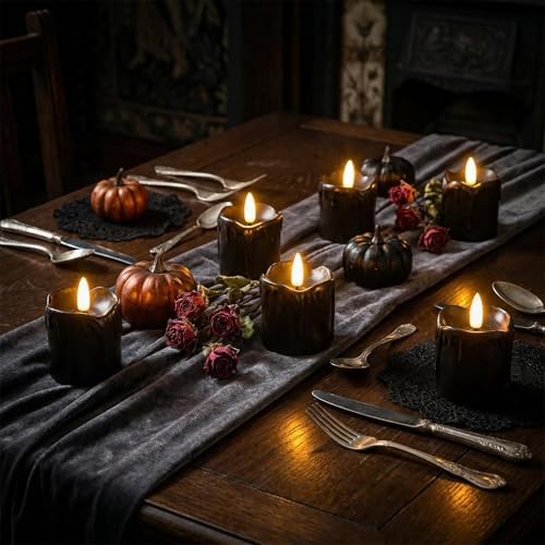 Black Dripping Wax Halloween Flameless Votive Candles with Timer Batteries - Image 7