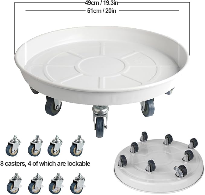 Rolling Plant Caddy Dolly with Wheels, 20" Heavy Duty Plant Stand on Casters for Planters, Wheeled Plant Roller Base for Indoor Outdoor Flower Pot, White, 1 Pack