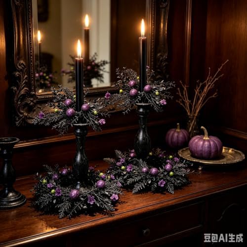 6 Pcs 1.38" Mini Halloween Taper Candle Rings Wreaths Small Artificial with Black Foliage Purple Glitter Balls Green Berries Purple Flowers Taper Candle Holder Wreath for Gothic Spooky Farmhouse Home - Image 7