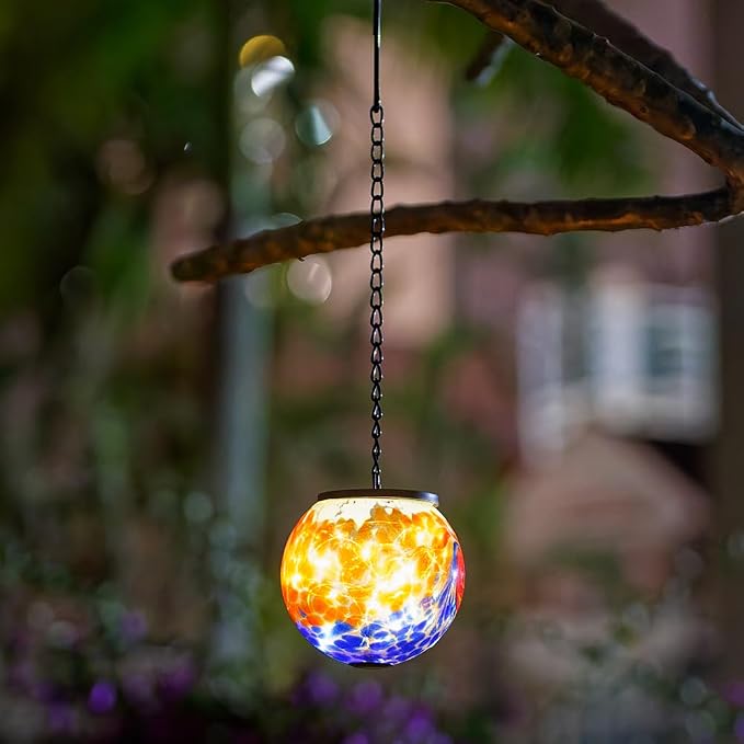 Solar Hanging Lanterns Outdoor, Solar Gazing Ball Lights, Waterproof Hanging Glass Light for Garden Yard Tree Home Xmas Decoration, Blue Splash-Ink