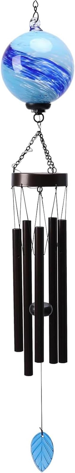 MUMTOP Solar Wind Chime for Outsides, 35" Glass Windchimes with Solar LED Lights Decorative Hanging Wind Bell for Porch Patio and Garden Decor, Blue
