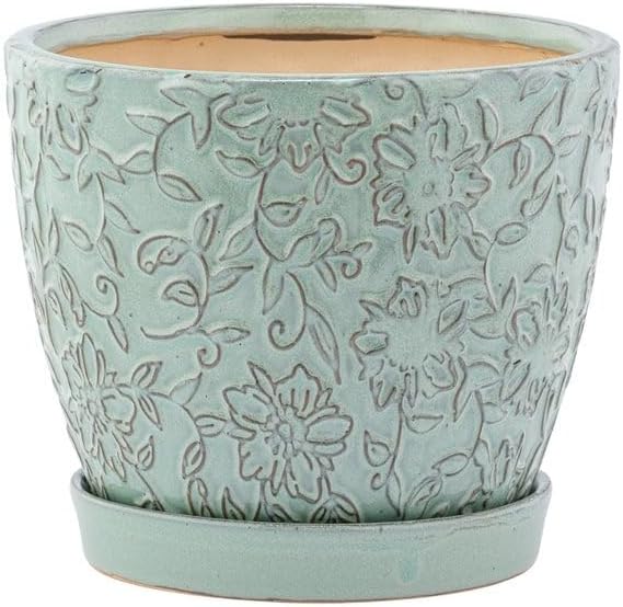 Napco Imports Decorative Home or Garden 6 x 6.5 Inch Indoor or Outdoor Flower Planter Holder Pot with Saucer Teal Blue Embossed Floral