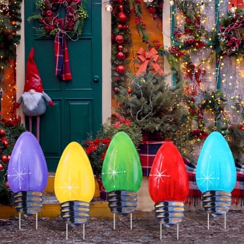 5 Pcs Christmas Decorations Outdoor Light Bulb Metal Yard Signs - Image 6
