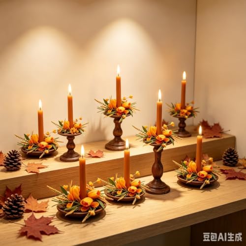 6 Pcs 1.38" Mini Fall Taper Candle Rings Wreaths Small Artificial with Orange Tulips Yellow Flowers Wheat Grass Green Leaves Orange Decorative Leaves Taper Candle Holder Wreath for Candlesticks Decor - Image 7