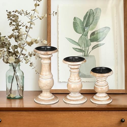 White Wash Candle Holder Set of 3 – 10", 8", 6" Rustic Pillar Stands – Turned Wood Columns for Home Decor, Weddings, Spa, Parties – Country Farmhouse Style - Image 7