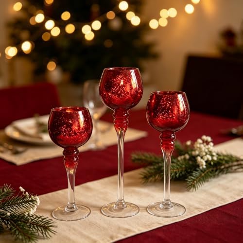 Hosley Set of 3 Crackle Red Glass Tealight Holders - 12 Inch, 10 Inch, 9 Inch Ideal for Weddings Special Events Parties Also Makes a Great Gift - Image 7