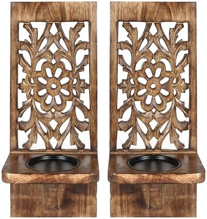 Wall Mounted Candle Sconces Set of 2 - Decorative Hand-Carved Wooden Candle Holders, Farmhouse Style, Perfect for Living Room, Bedroom & Kitchen Wall Décor - 16 Inch - Burnt Antique - Image 7