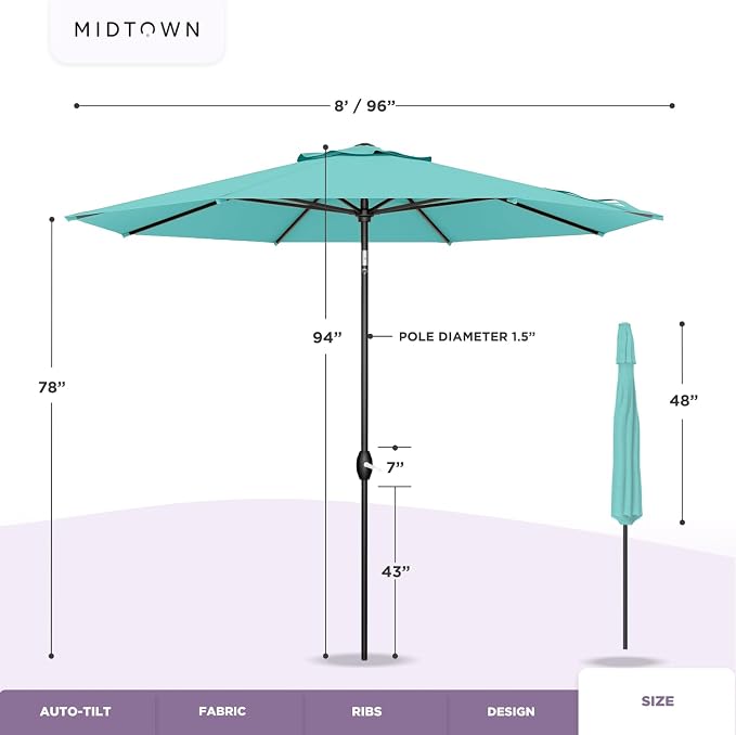 Midtown Umbrellas 10-Year-No-Fade - 8 Ft - UV Proof Purple Polyester Fabric - Umbrella Outdoor Patio, Auto-Tilt Aluminum Frame Patio Umbrella for Garden, Pool & Deck - Black Pole