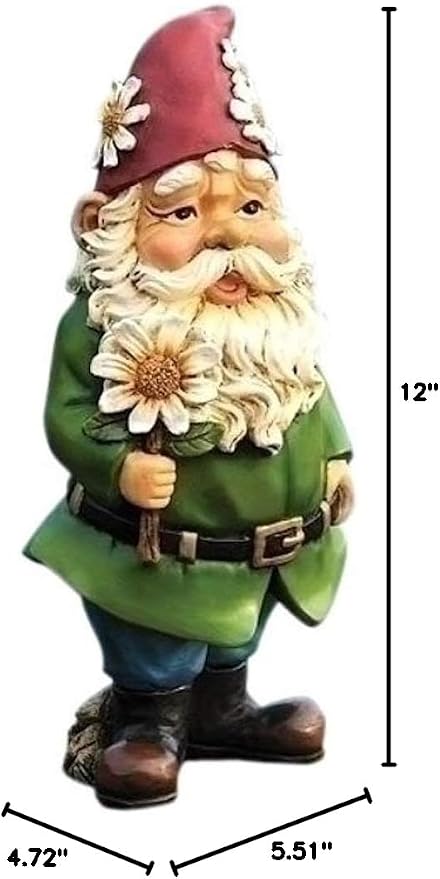 Giftware by Roman Inc., 12.25" H GNOME with Daisy Statue, Garden Collection, Outdoor Statue, Memorial, Resin Stone, Adorable Frogs and Flowers, Garden Décor (12x4x5)