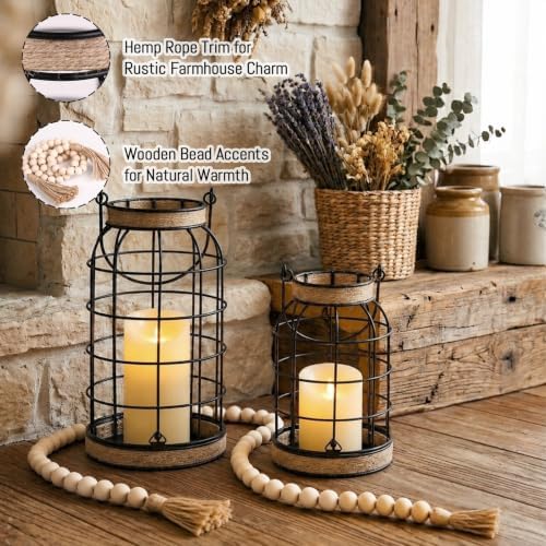 Rustic Farmhouse Candle Lantern, 2Pcs Decorative Lantern Decor with Candles - Image 6