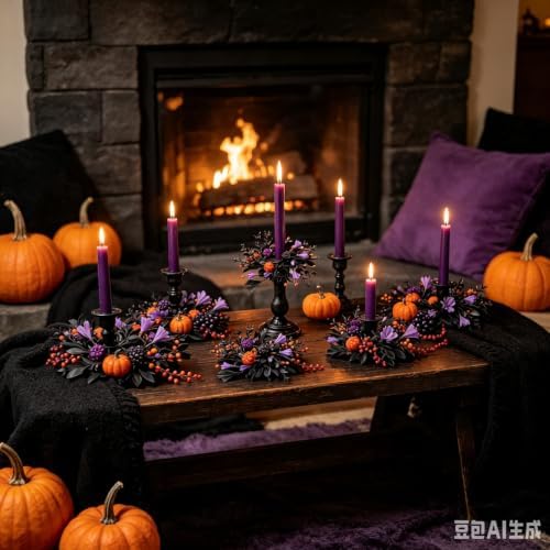 6 Pcs 1.38" Mini Halloween Taper Candle Rings Wreaths Small Artificial with Black Foliage Purple Blooms Orange Berries Pom Flowers Taper Candle Holder Wreath for Spooky Farmhouse Home Candlesticks - Image 7