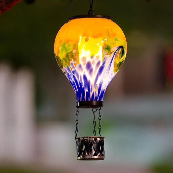 Solar Hot Air Balloon Lantern with Flame | Handmade Glass, Solar Lantern Waterproof, Decorative Lamp for Patio, Garden, Porch, Green & Blue