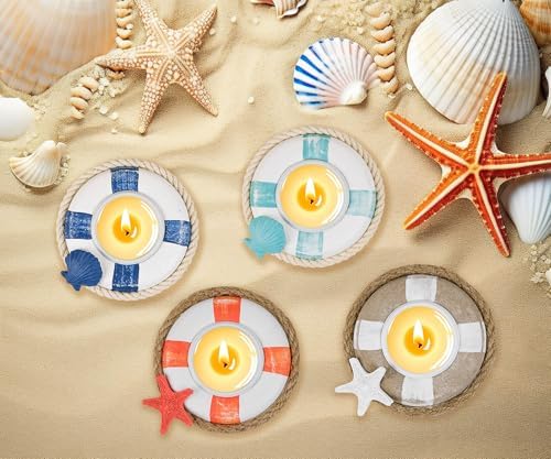 SAILINGSTORY Wooden Life Ring Tealight Candle Holder Nautical Coastal Beach Decor Votive Candle Holder Set of 4 Pack - Image 6