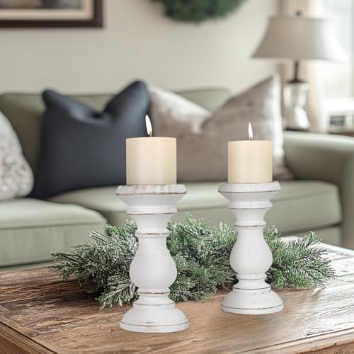 Candle Holder for Pillar Candle Set of 2, Farmhouse Wood Candle Holder, Rustic Wooden Candle Stand, Vintage Wooden Candlestick Holders Decorative for Living Room, Table Centerpiece, Antique White - Image 7