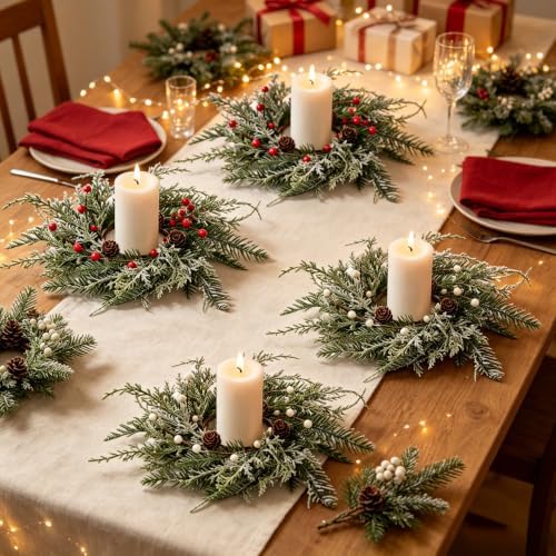 6 PCS Christmas Wreath Candle Rings Mini Wreath Pine Garland Artificial Frosted Cedar and Pine Cone Candle Rings Holder for Christmas Wedding Home Table Centerpiece Door Window Chair Wall - Image 7